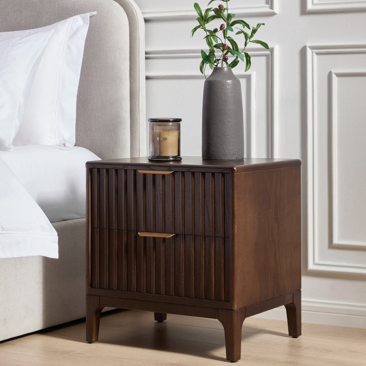 Elena Ash 2 Drawer Feather & Black Bedside Table - Walnut