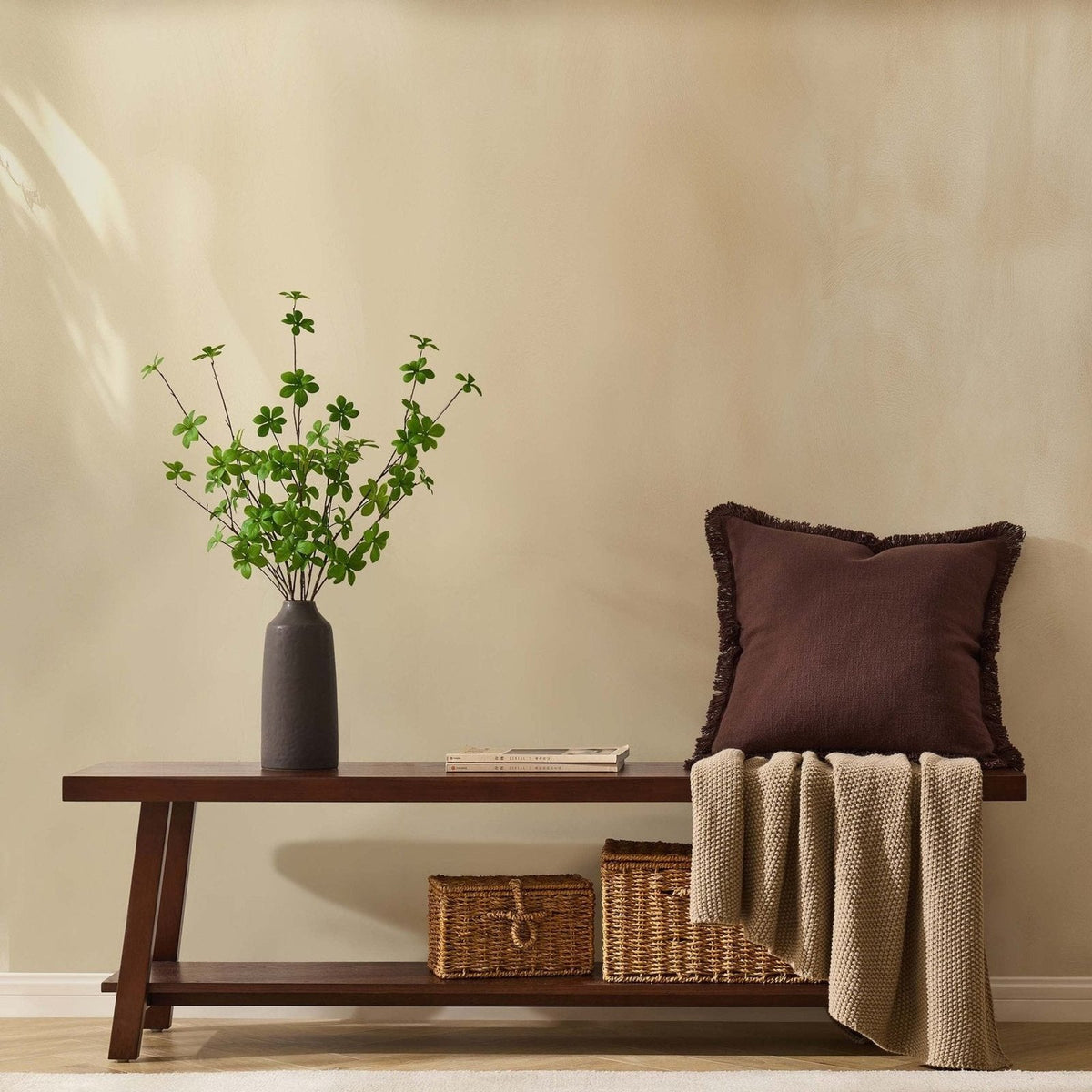 Eliza Wooden Shelf Feather & Black Bench - Walnut