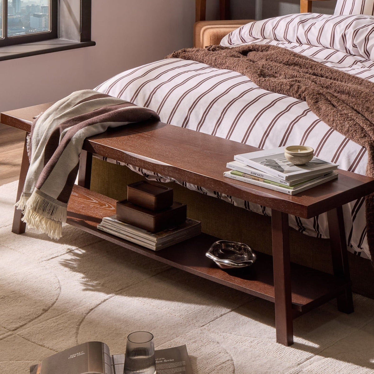 Eliza Wooden Shelf Feather & Black Bench - Walnut