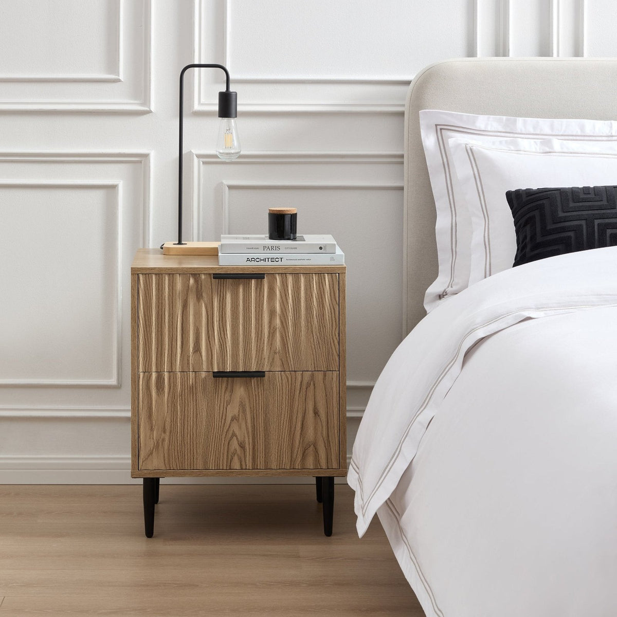 Evie 2 Drawer Bedside Black & Feather Table - Wood Effect