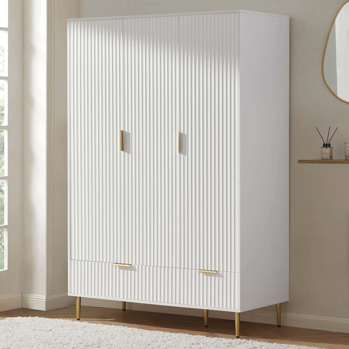 Evie 3 Door Wardrobe Feather & Black with Drawers - Warm White