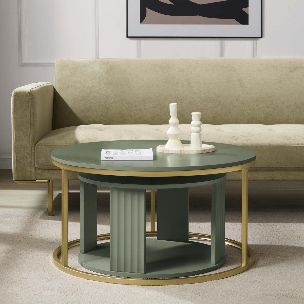 Evie Round Nesting Black & Feather Coffee Table - Vetiver