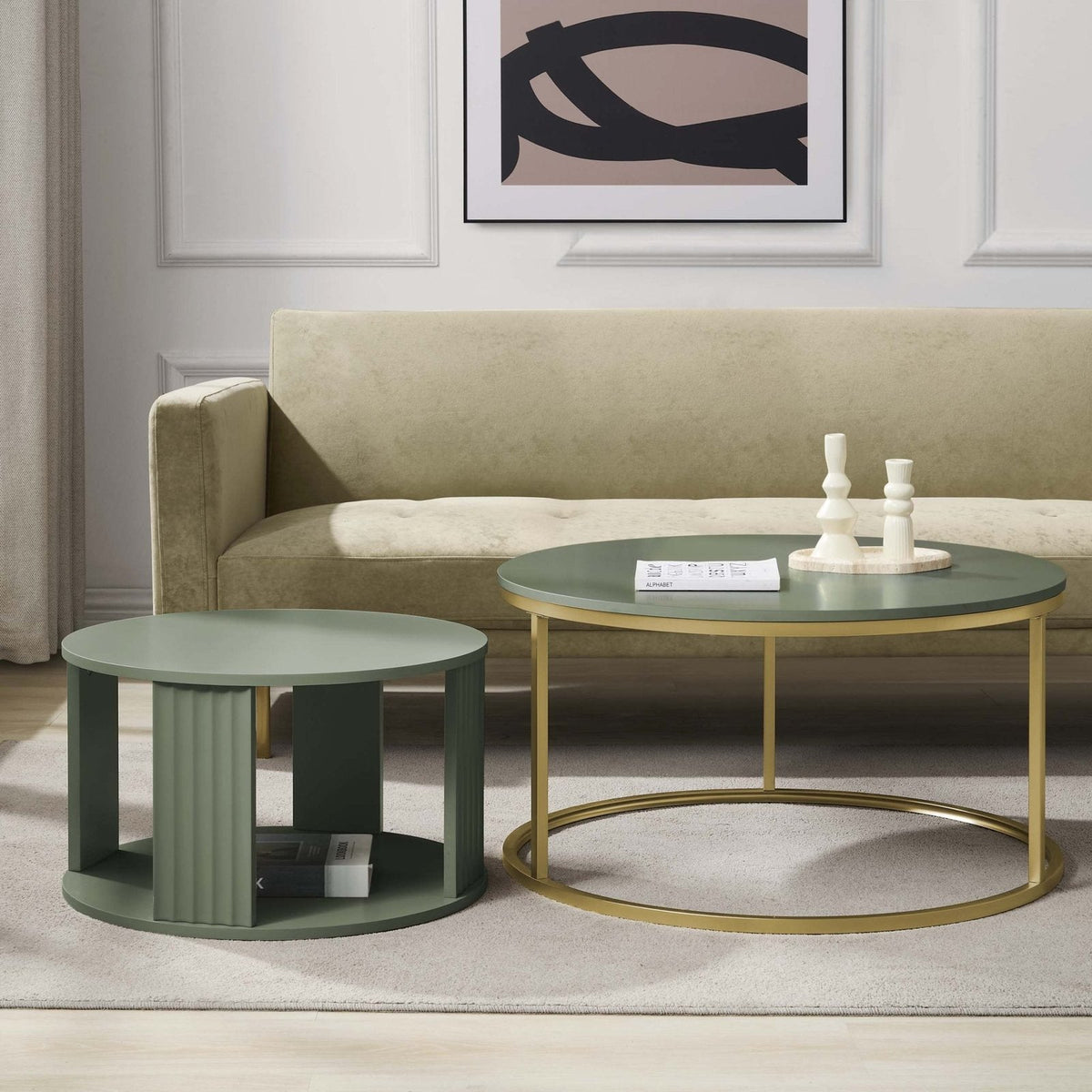 Evie Round Nesting Black & Feather Coffee Table - Vetiver