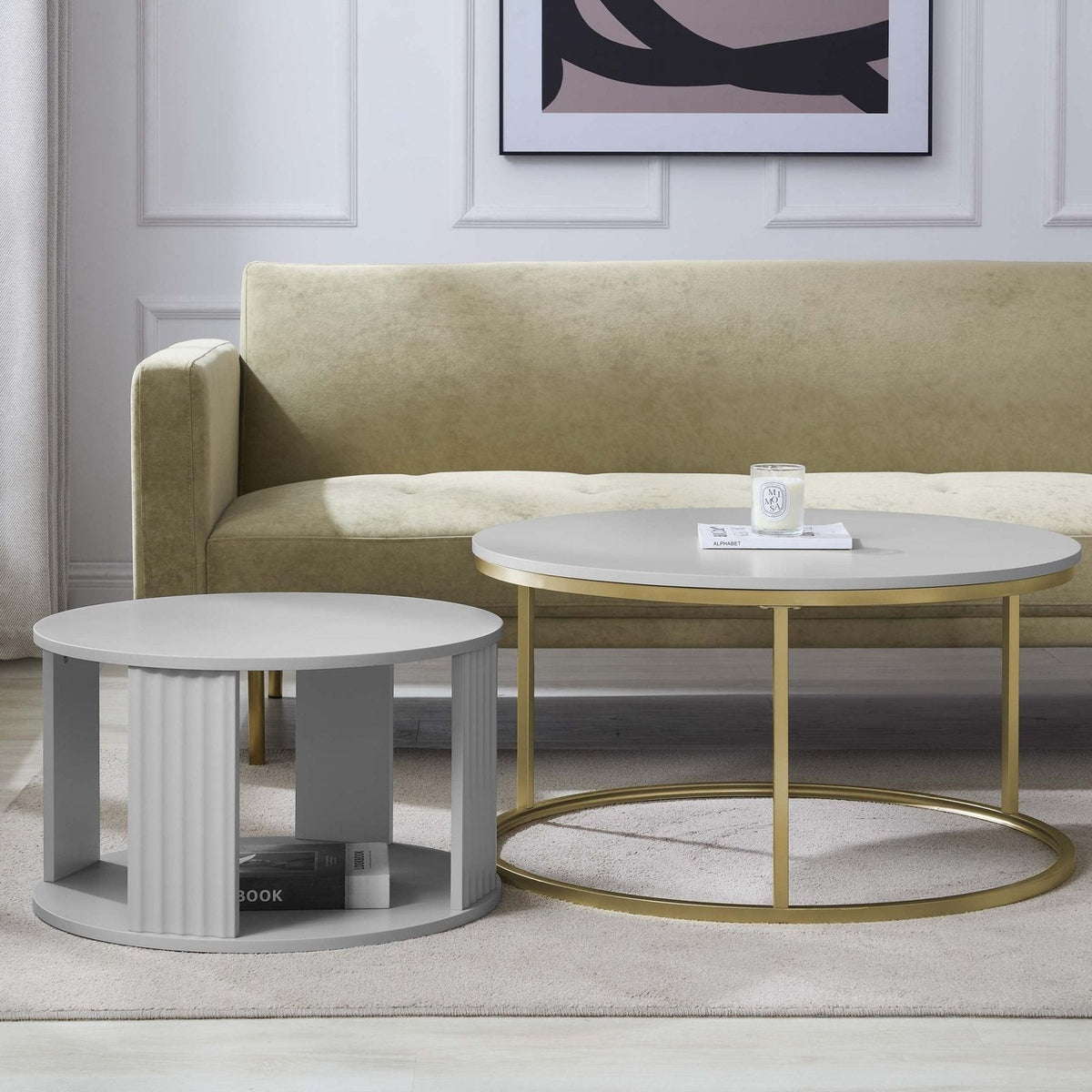 Evie Round Nesting Feather & Black Coffee Table - Grey
