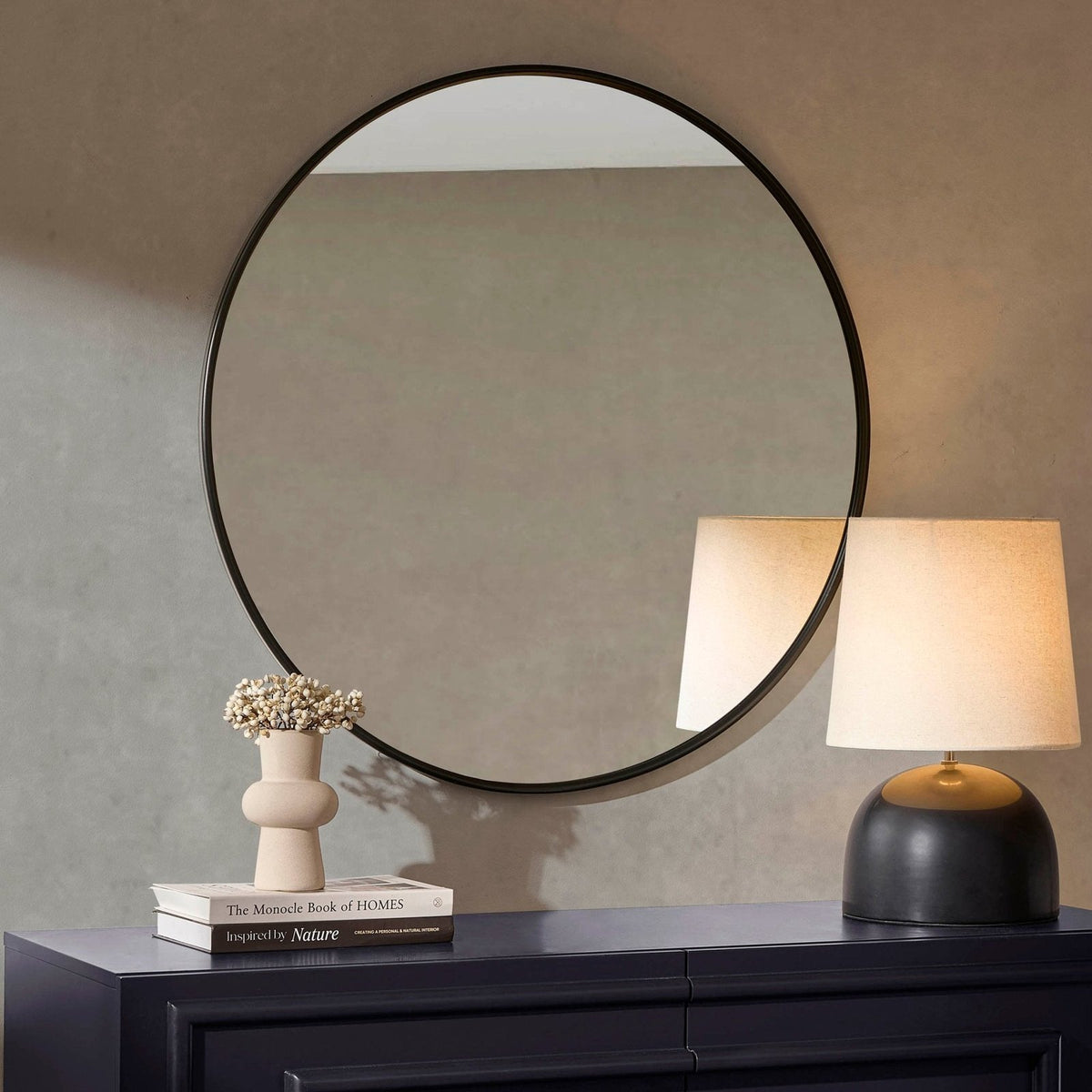 Feather & Black Circle Wall Mirror - Black