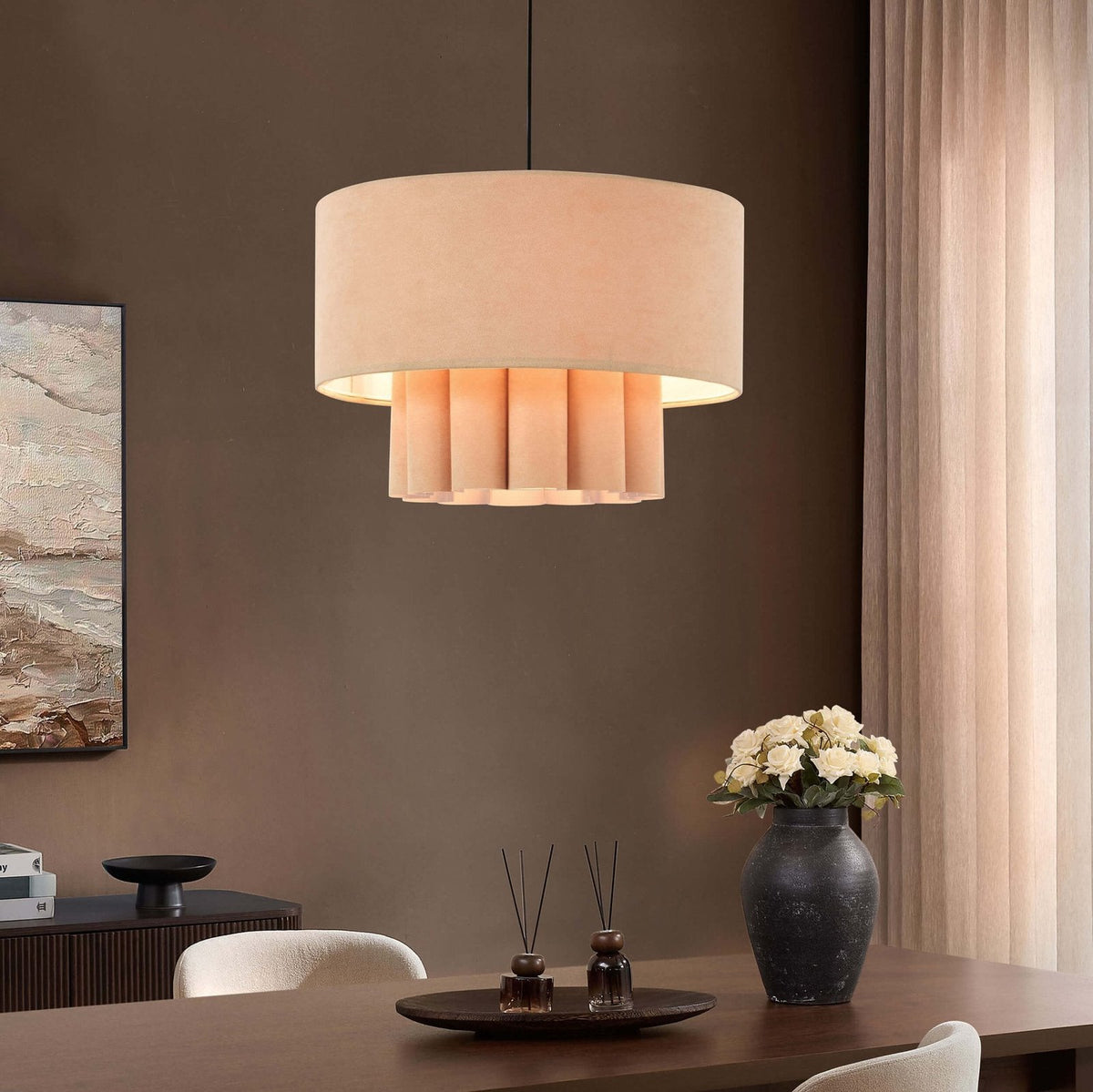 Feather & Black Eli Faux Suede Two Tier Scallop Ceiling Shade - Beige