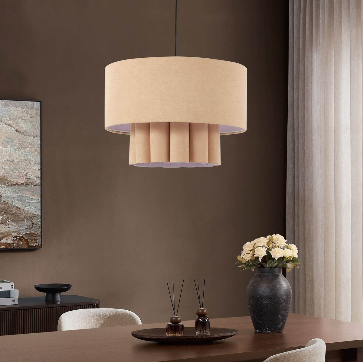 Feather & Black Eli Faux Suede Two Tier Scallop Ceiling Shade - Beige