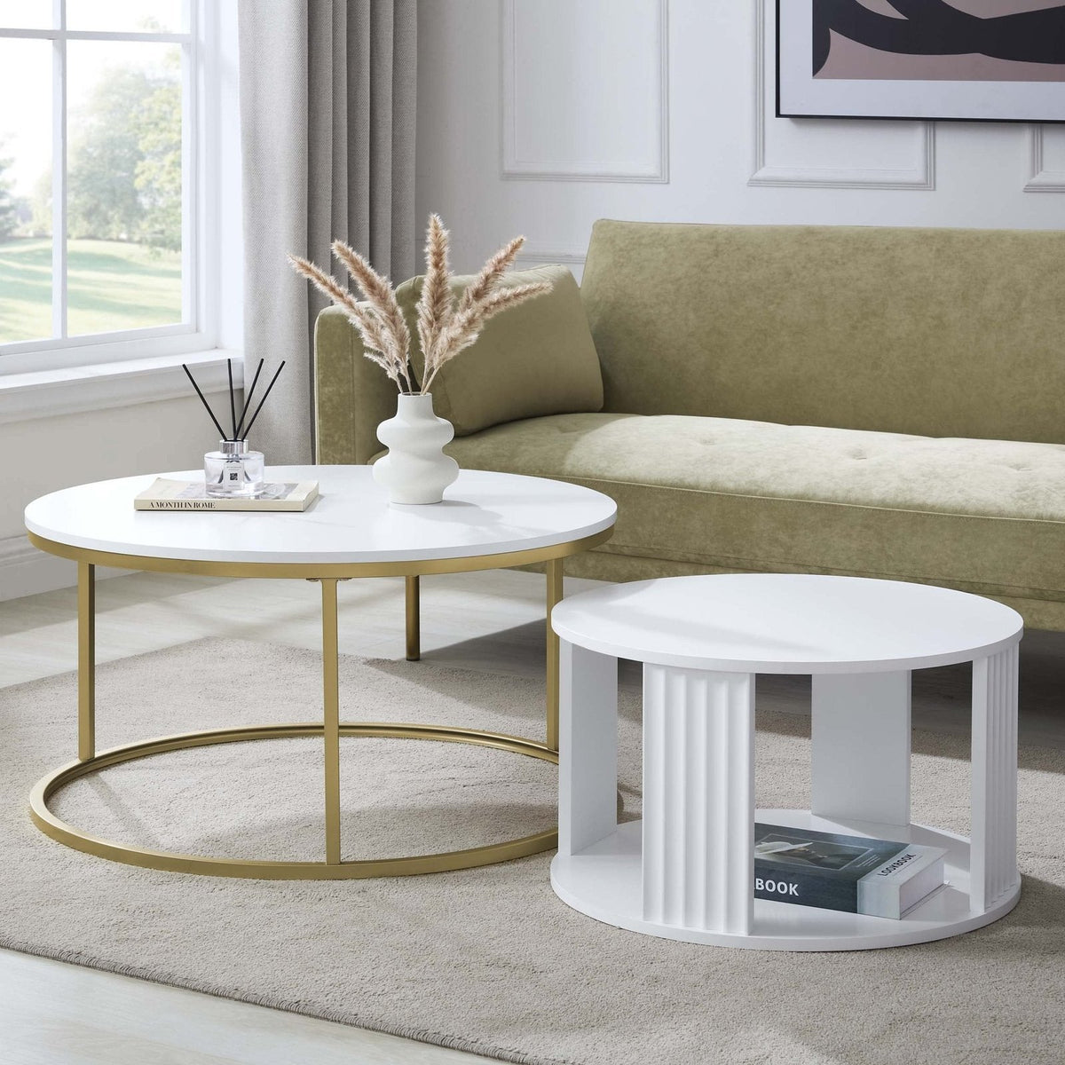 Feather & Black Evie Round Nesting Coffee Table - Warm White