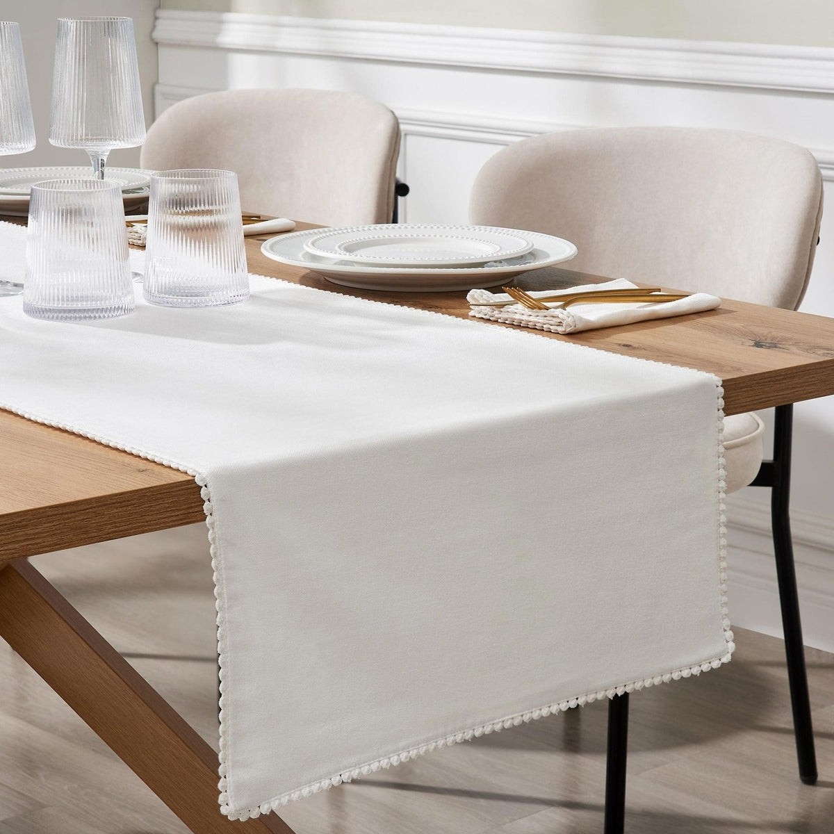 Feather & Black Girona Pom Pom Table Runner - White