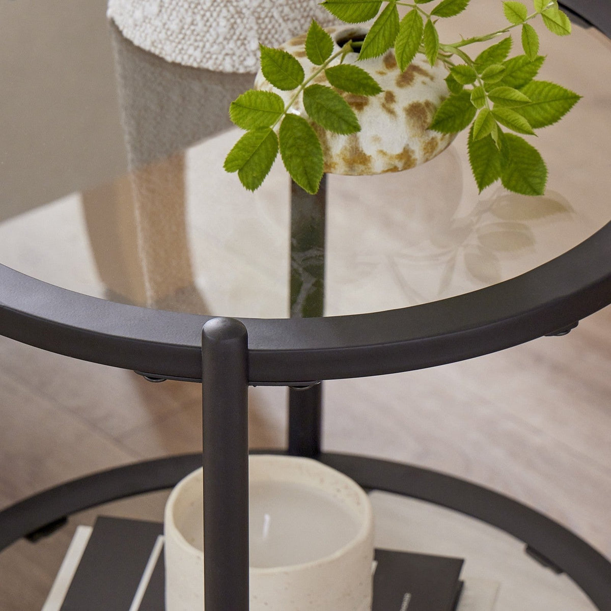 Feather & Black Glass Round Side Table - Black