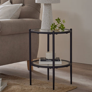 Feather & Black Glass Round Side Table - Black