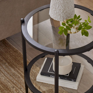 Feather & Black Glass Round Side Table - Black