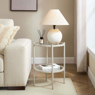 Feather & Black Glass Round Side Table - Stone