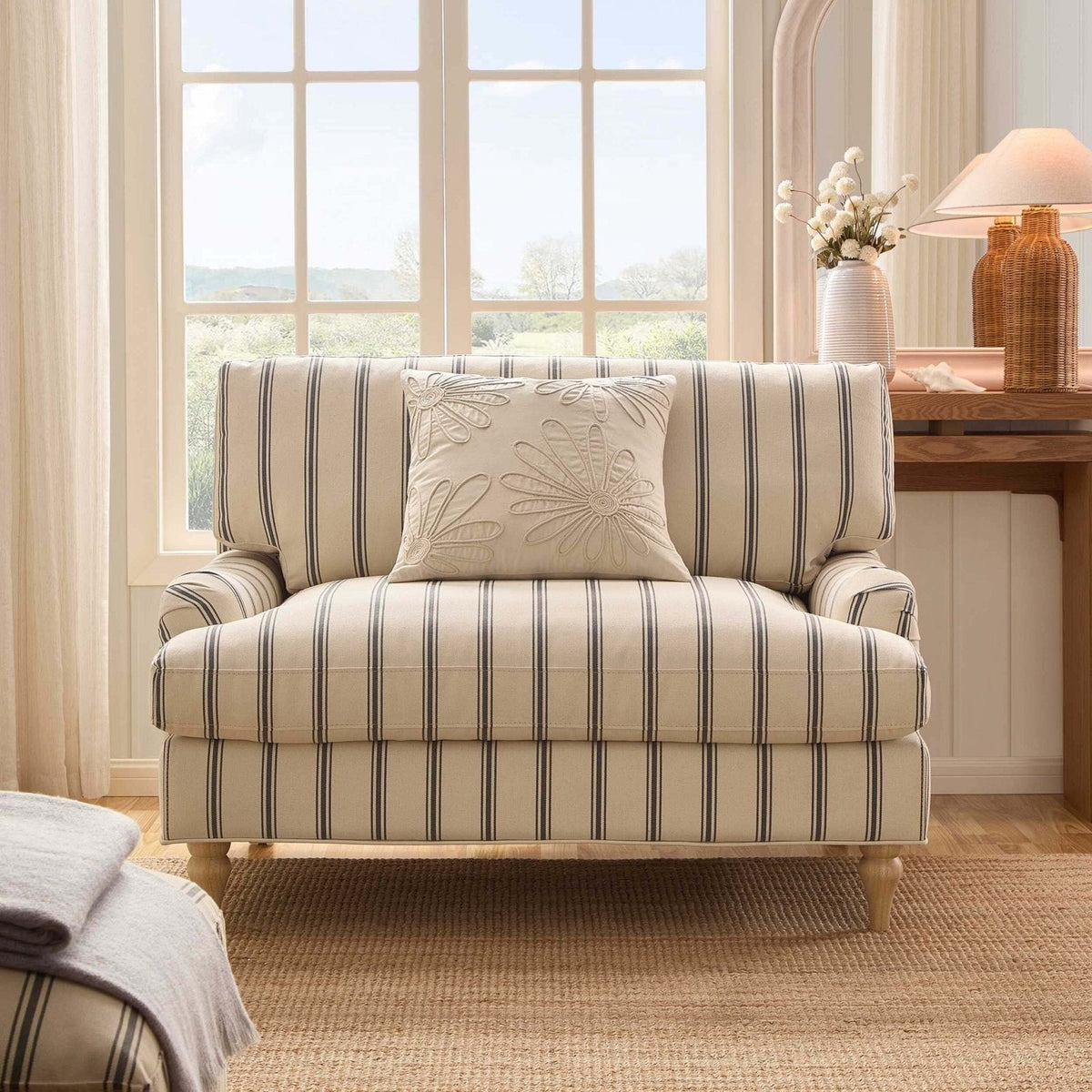 Feather & Black Hampshire Loveseat - Blue Stripe