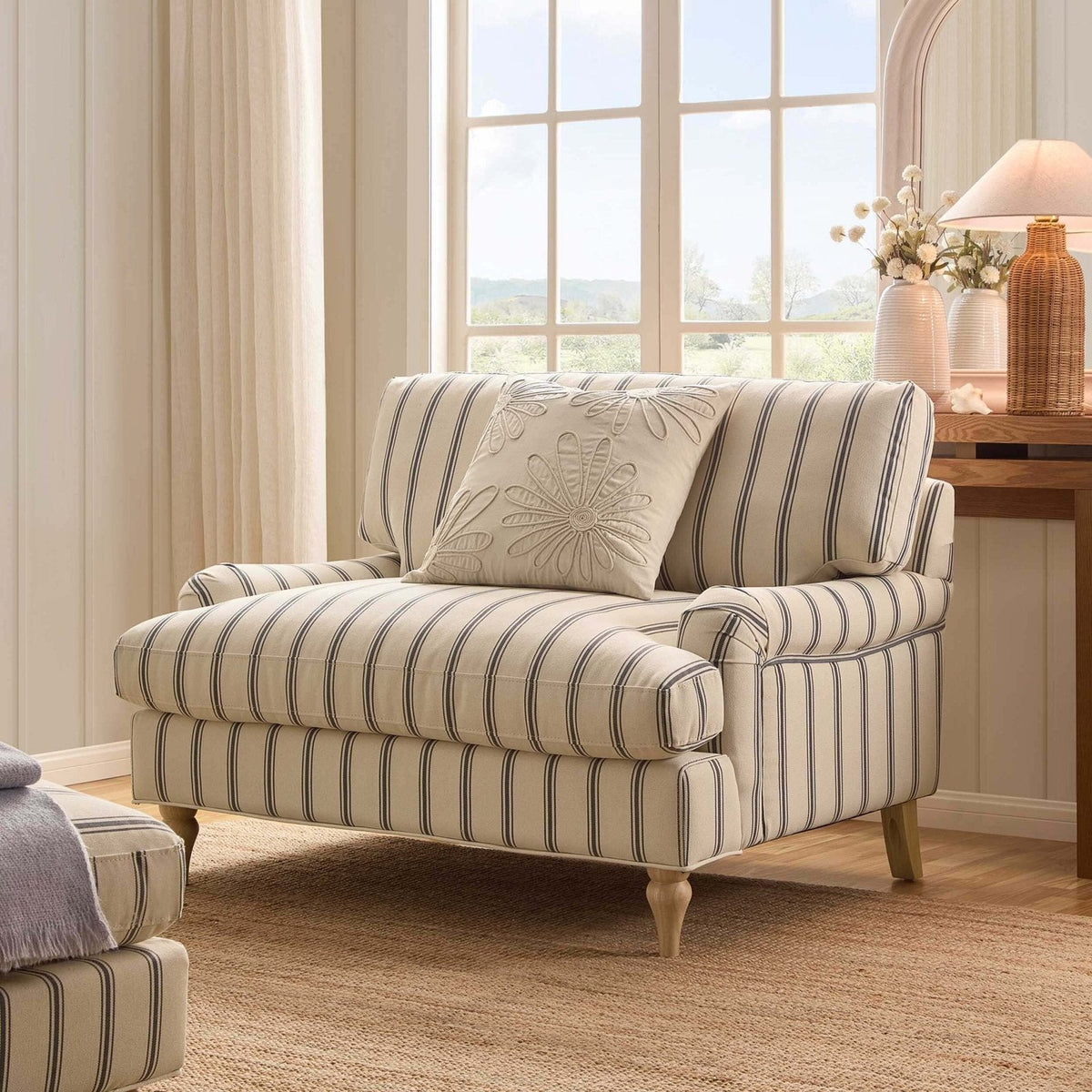 Feather & Black Hampshire Loveseat - Blue Stripe