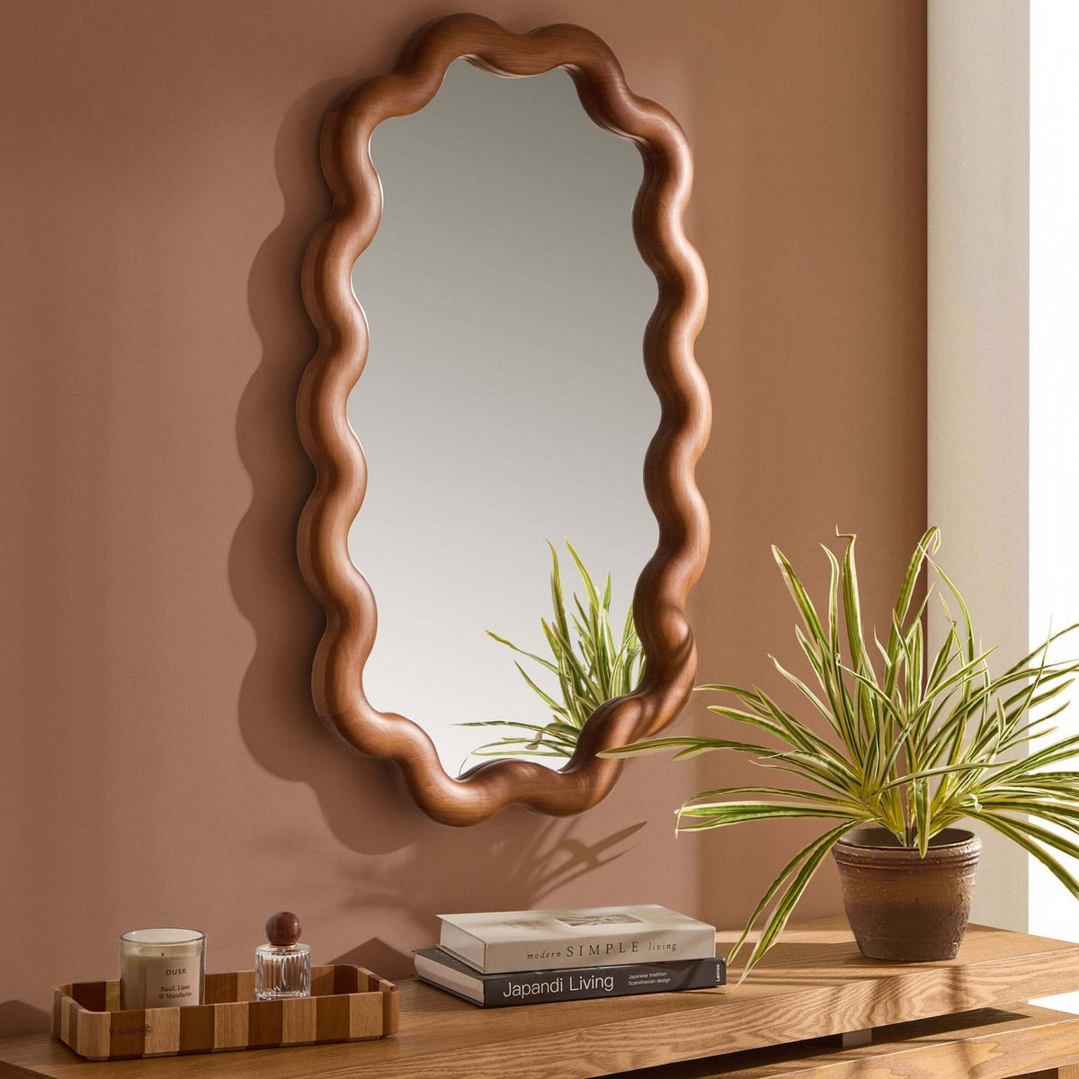 Feather & Black Indie Wavy Wood Mirror - Mid Wood