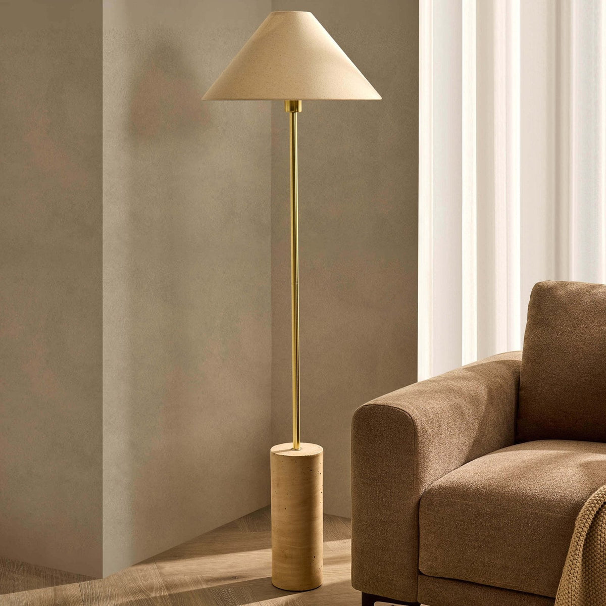 Feather & Black Ivy Marble Effect Floor Lamp - Satin Brass