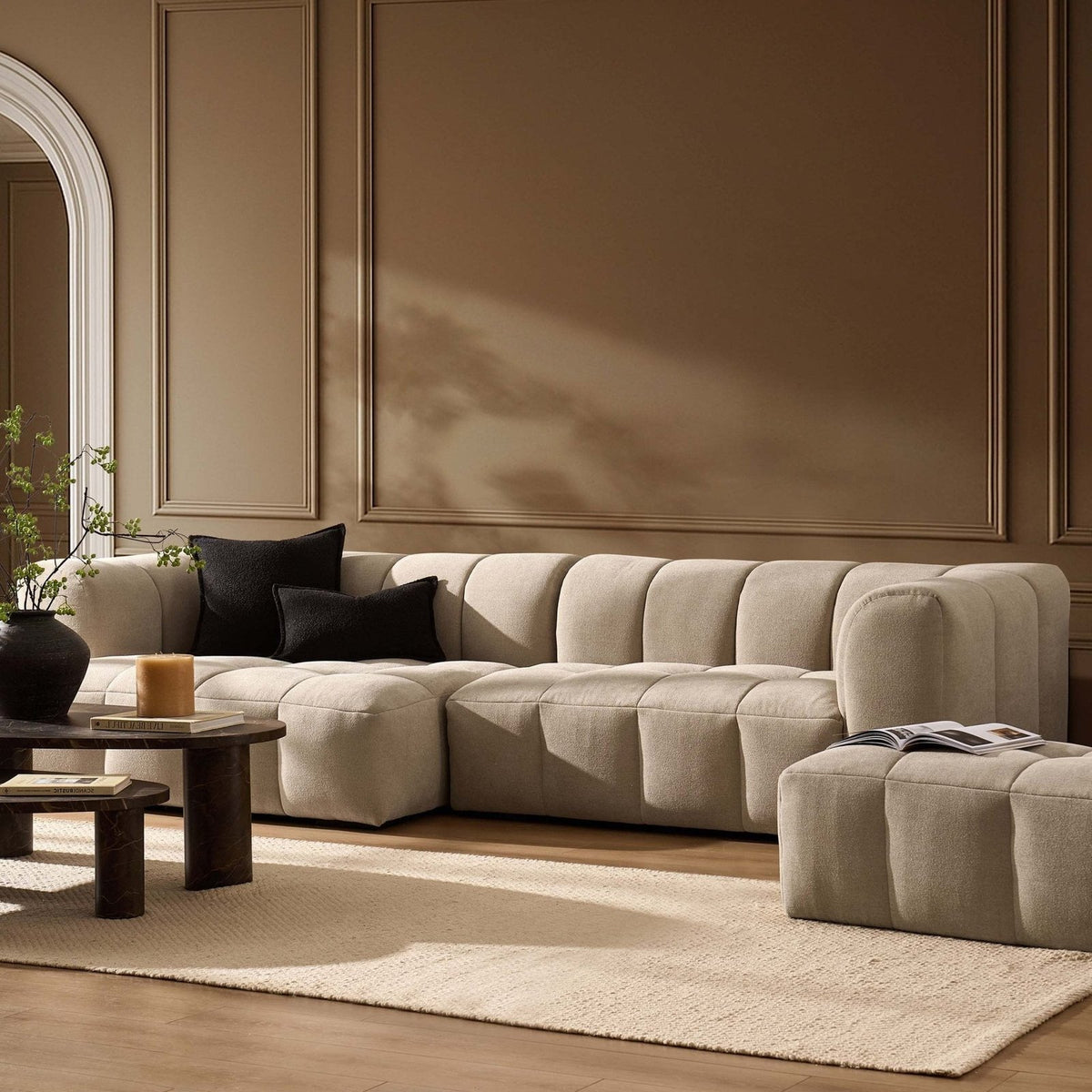 Feather & Black Manhattan Left Hand Chaise Sofa - Chenille Oatmeal