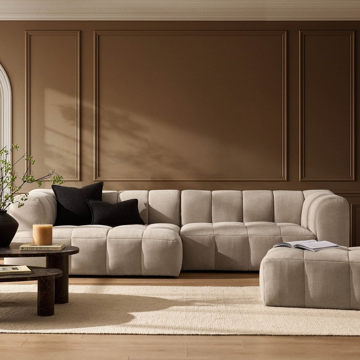 Feather & Black Manhattan Left Hand Chaise Sofa - Chenille Oatmeal