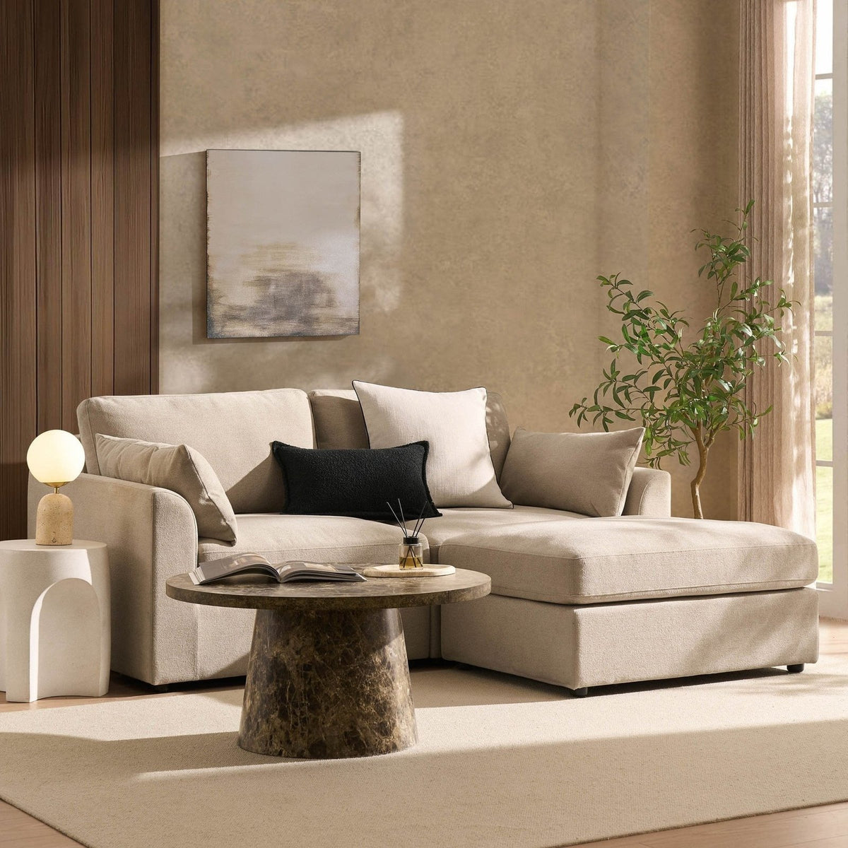 Feather & Black Miami Small Chaise Sofa - Chenille Oatmeal