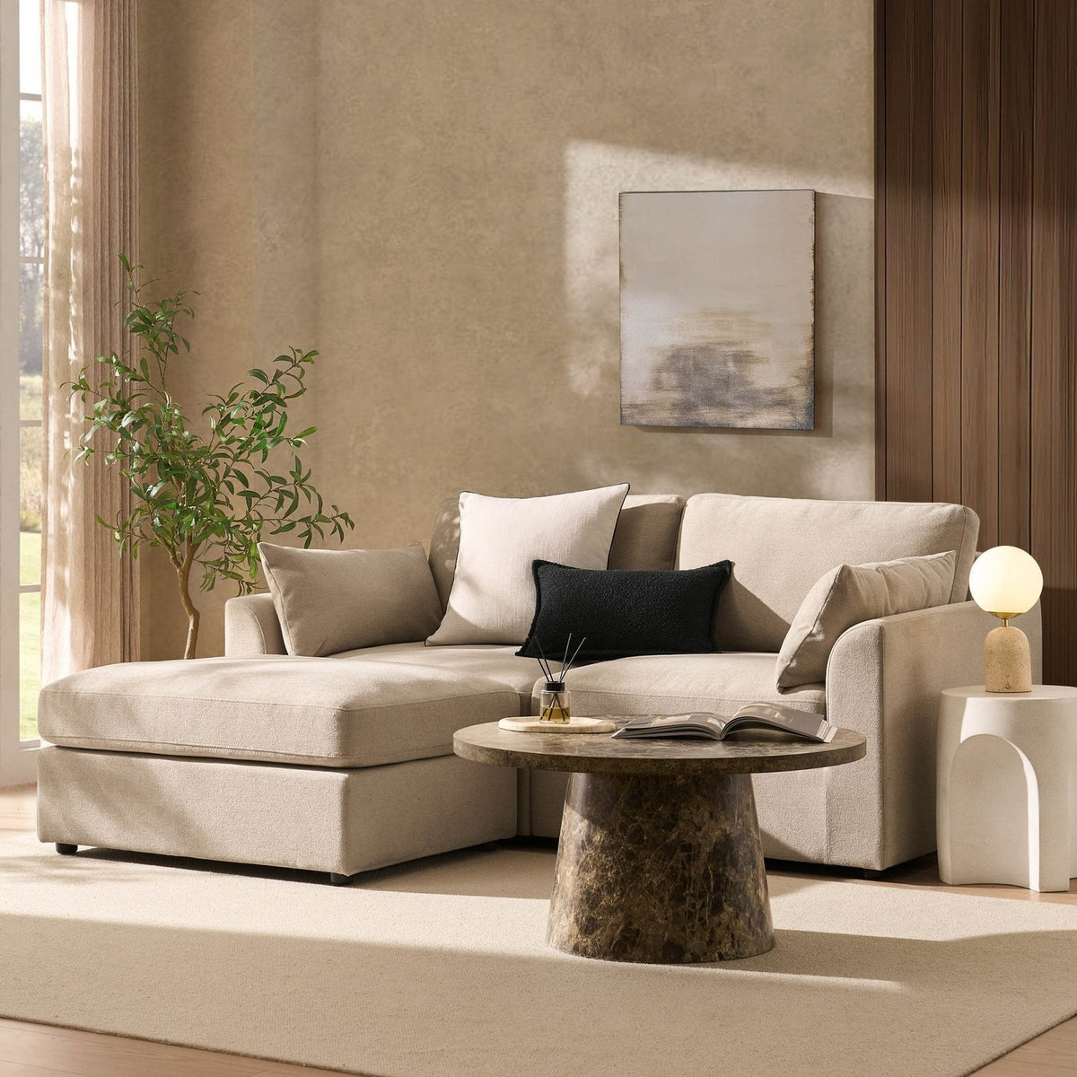 Feather & Black Miami Small Chaise Sofa - Chenille Oatmeal