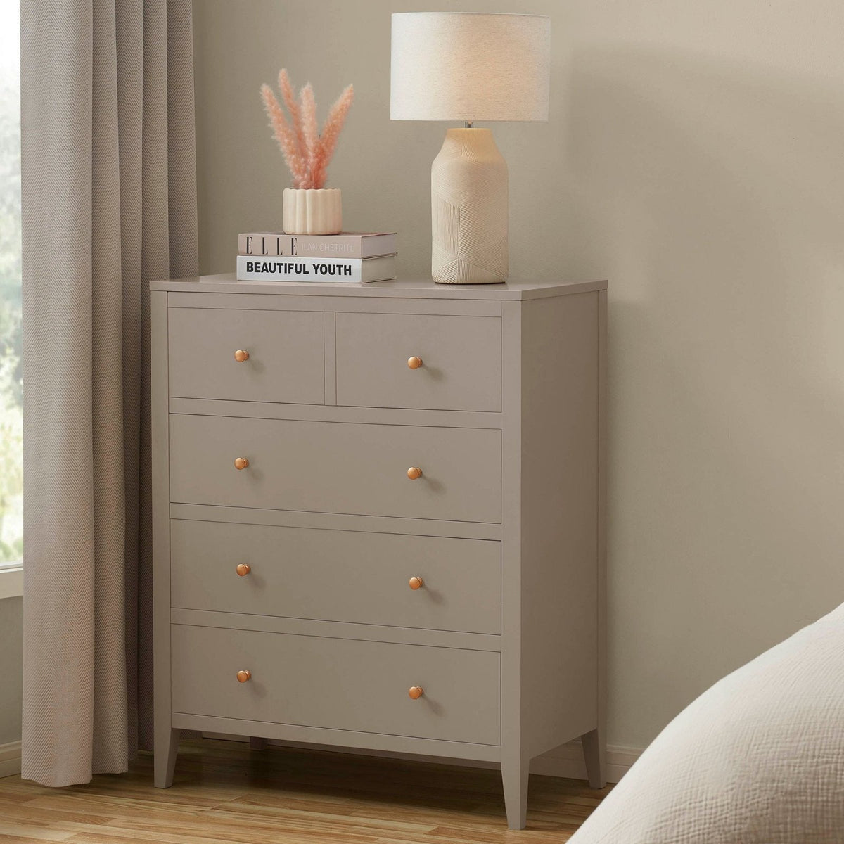 Feather & Black Poppy 5 Drawer Chest - Taupe