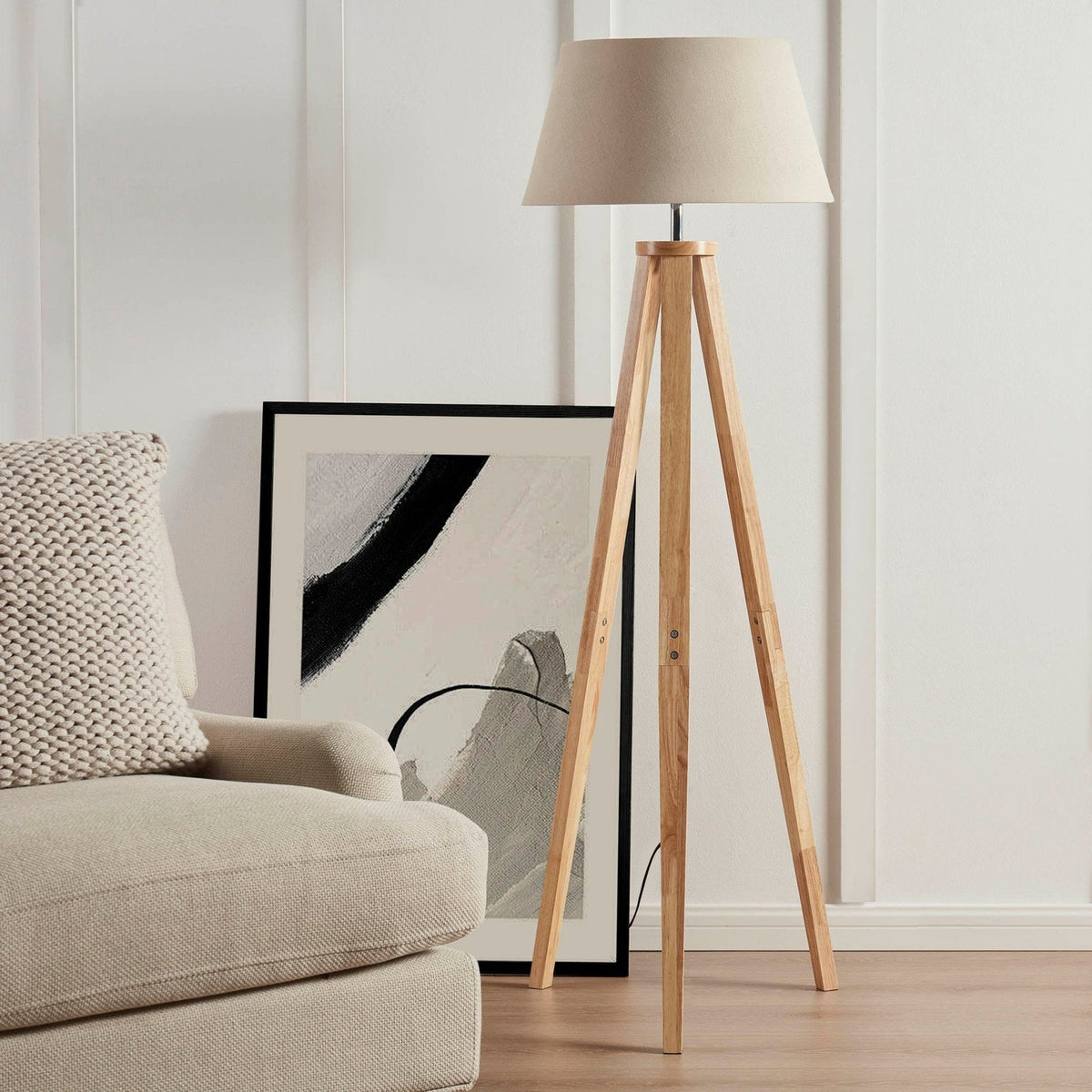 Feather & Black Wooden Tripod Floor Lamp - Natural