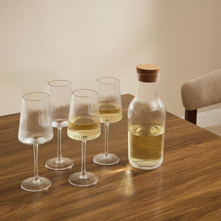 Gatsby Ripple 5 Piece Wine Feather & Black Glass and Carafe Set - Clear