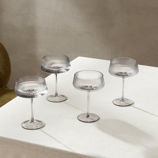 Gatsby Set of 4 Feather & Black Ripple Glass Coupes - Smoked