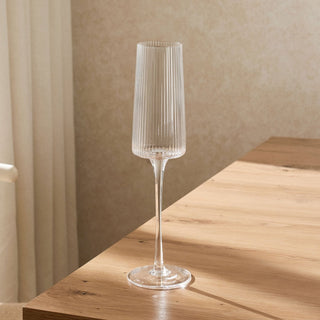 Gatsby Set of 4 Ripple Black & Feather Glass Champagne Flutes - Clear