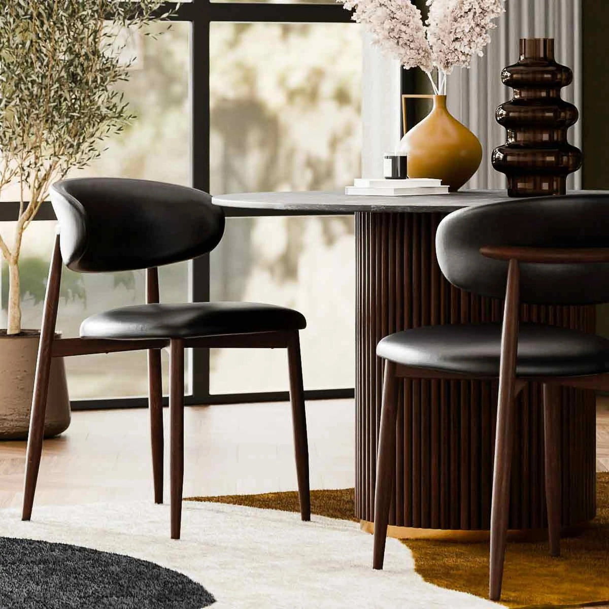 Halston Dining Chair | Vintage Black Faux Leather & Walnut – Laura Ashley