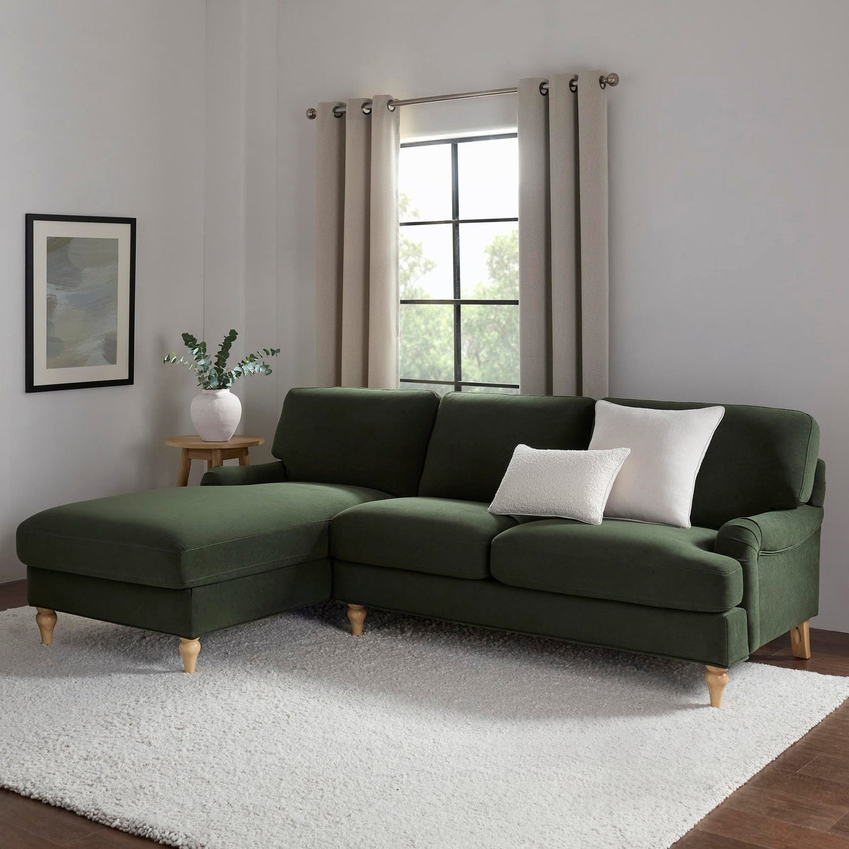 Hampshire Left Hand Chaise Black & Feather Sofa - Dark Olive
