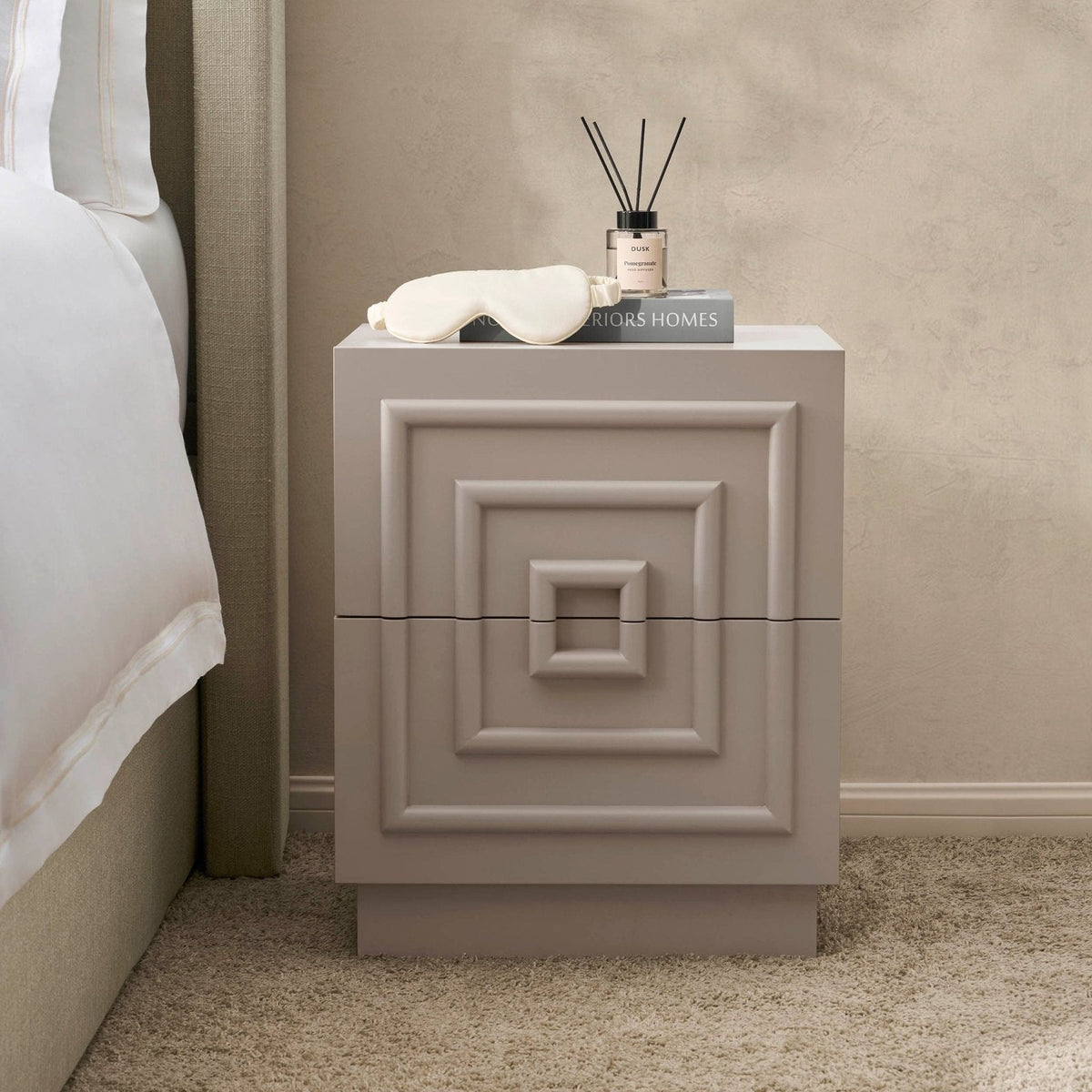 Harlow 2 Drawer Feather & Black Bedside Table - Taupe
