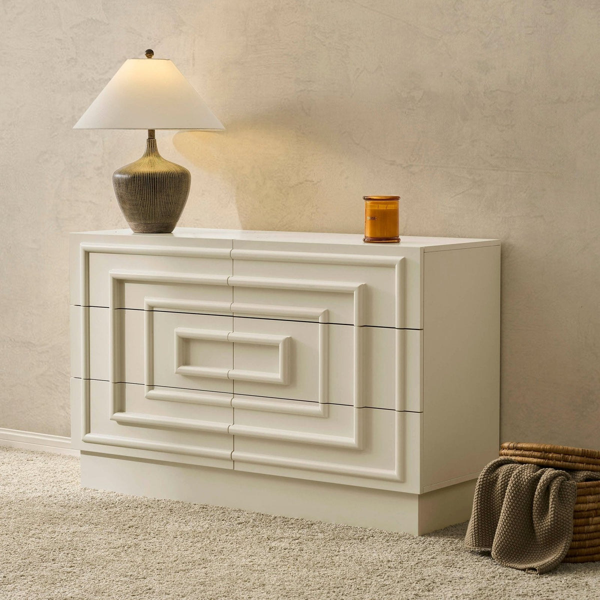 Harlow 6 Drawer Black & Feather Chest - Cream