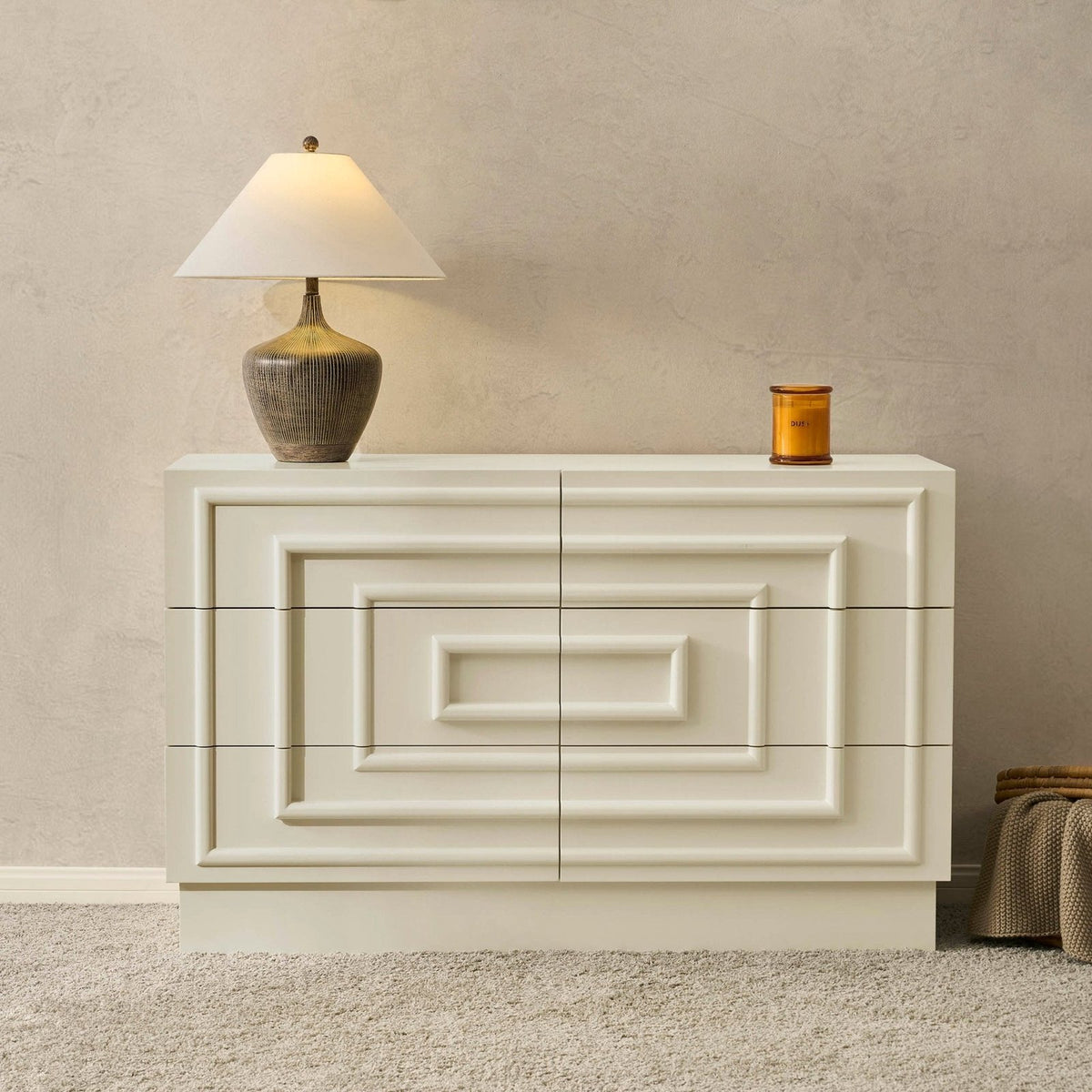 Harlow 6 Drawer Black & Feather Chest - Cream