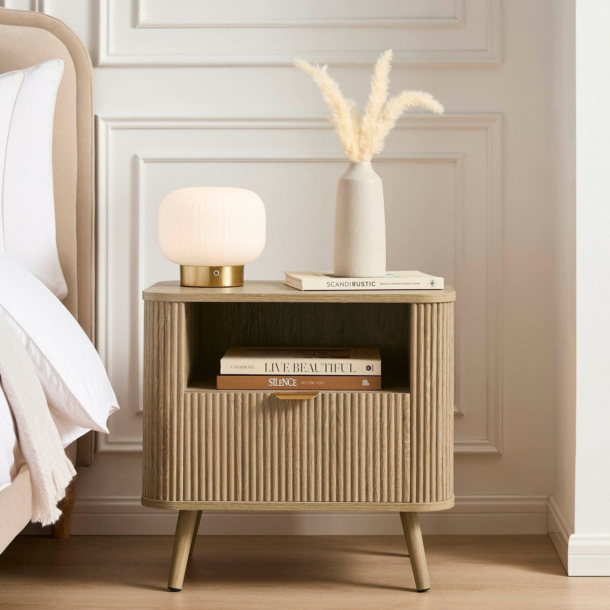 Hattie 1 Drawer Bedside with Shelf - Light Wood – Feather & Black