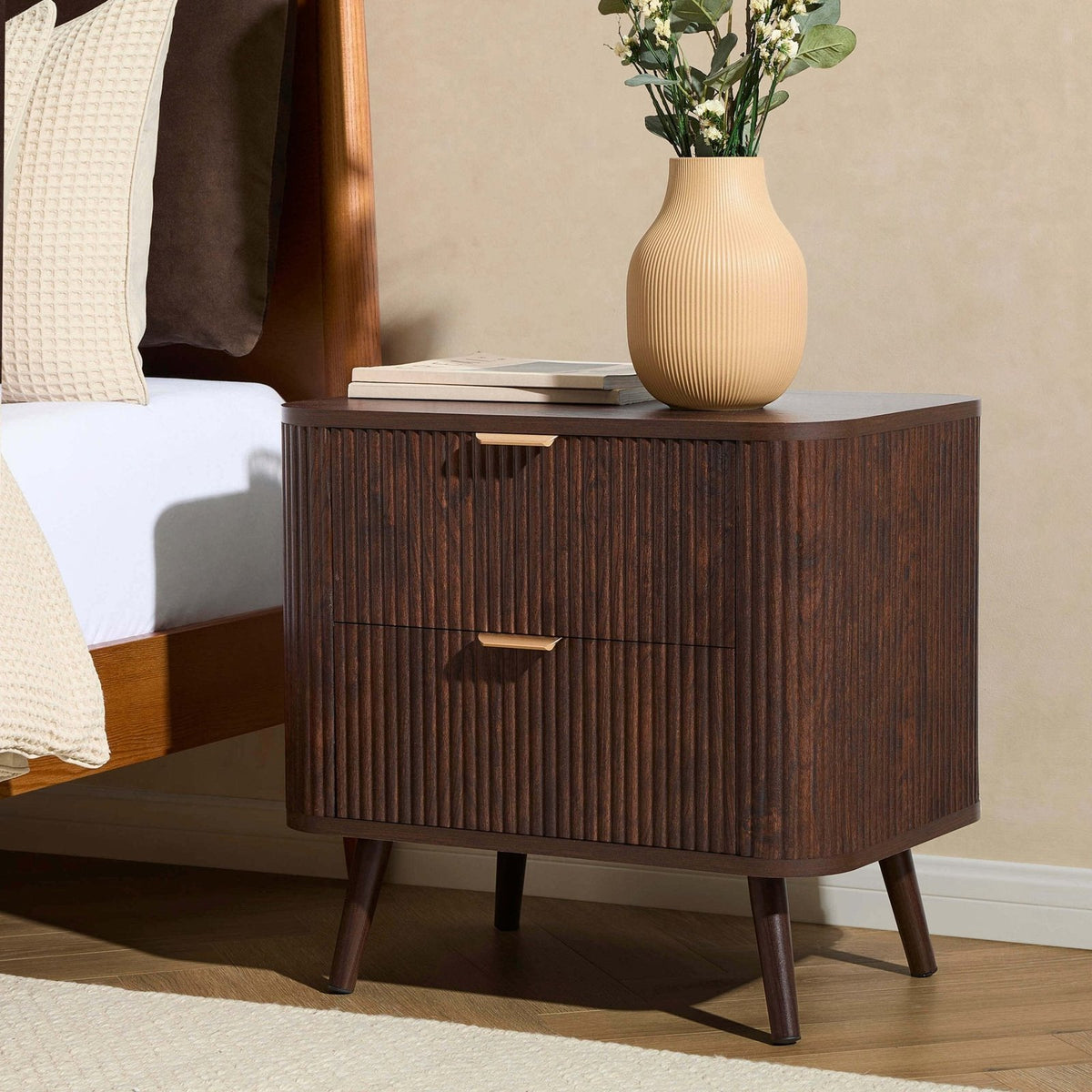 Hattie 2 Drawer Black & Feather Bedside Table - Walnut