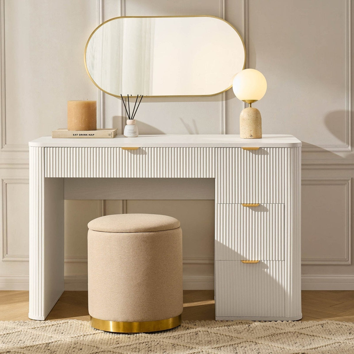 Hattie Large Dressing Table Black & Feather with Drawers - Warm White