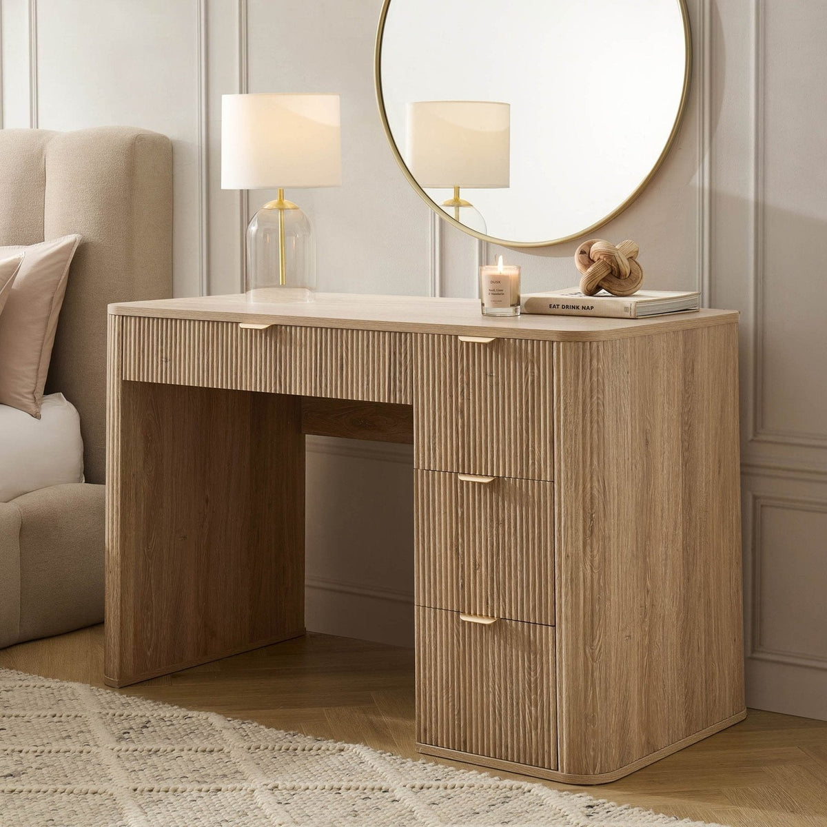 Hattie Large Dressing Table with Drawers  - Light Wood – Feather & Black