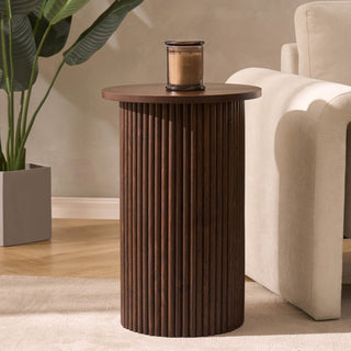 Hattie Round Pedestal Black & Feather Side Table - Walnut