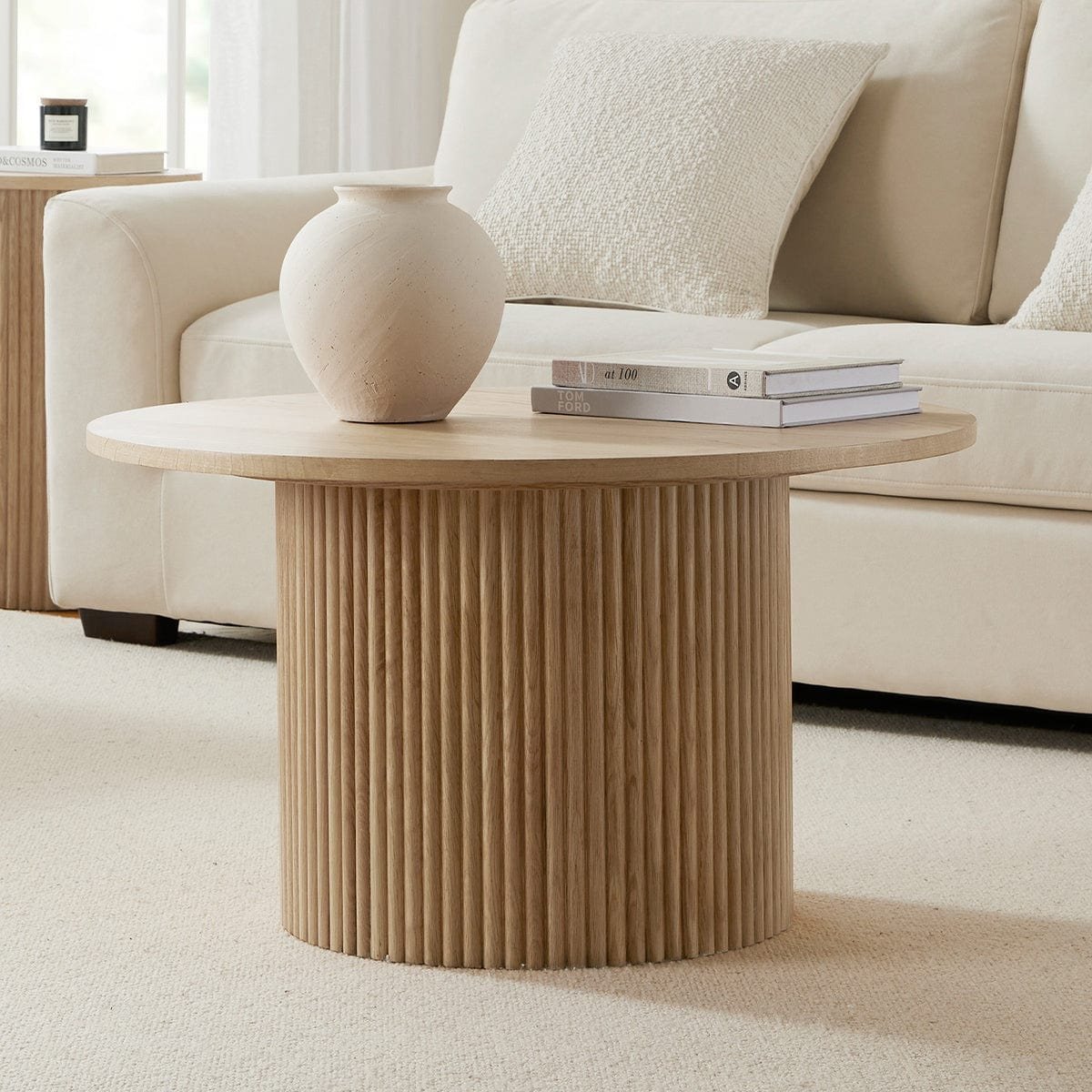 Hattie Round Pedestal Coffee Table - Light Wood – Feather & Black