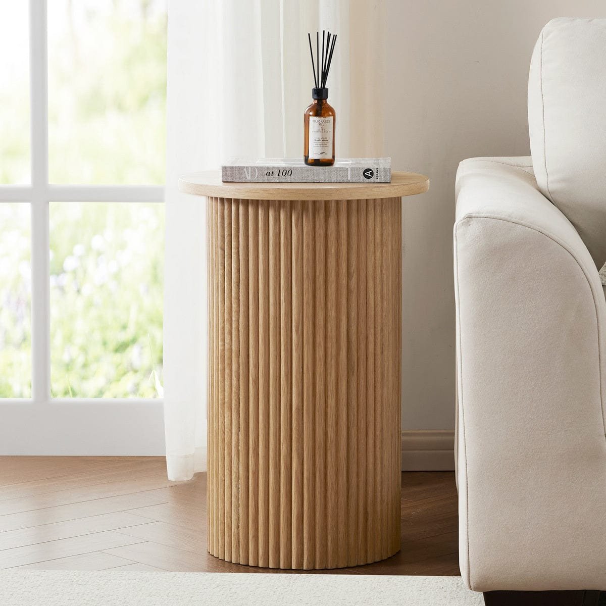 Hattie Round Pedestal Side Black & Feather Table - Light Wood