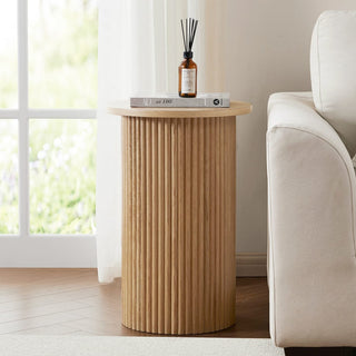 Hattie Round Pedestal Side Black & Feather Table - Light Wood