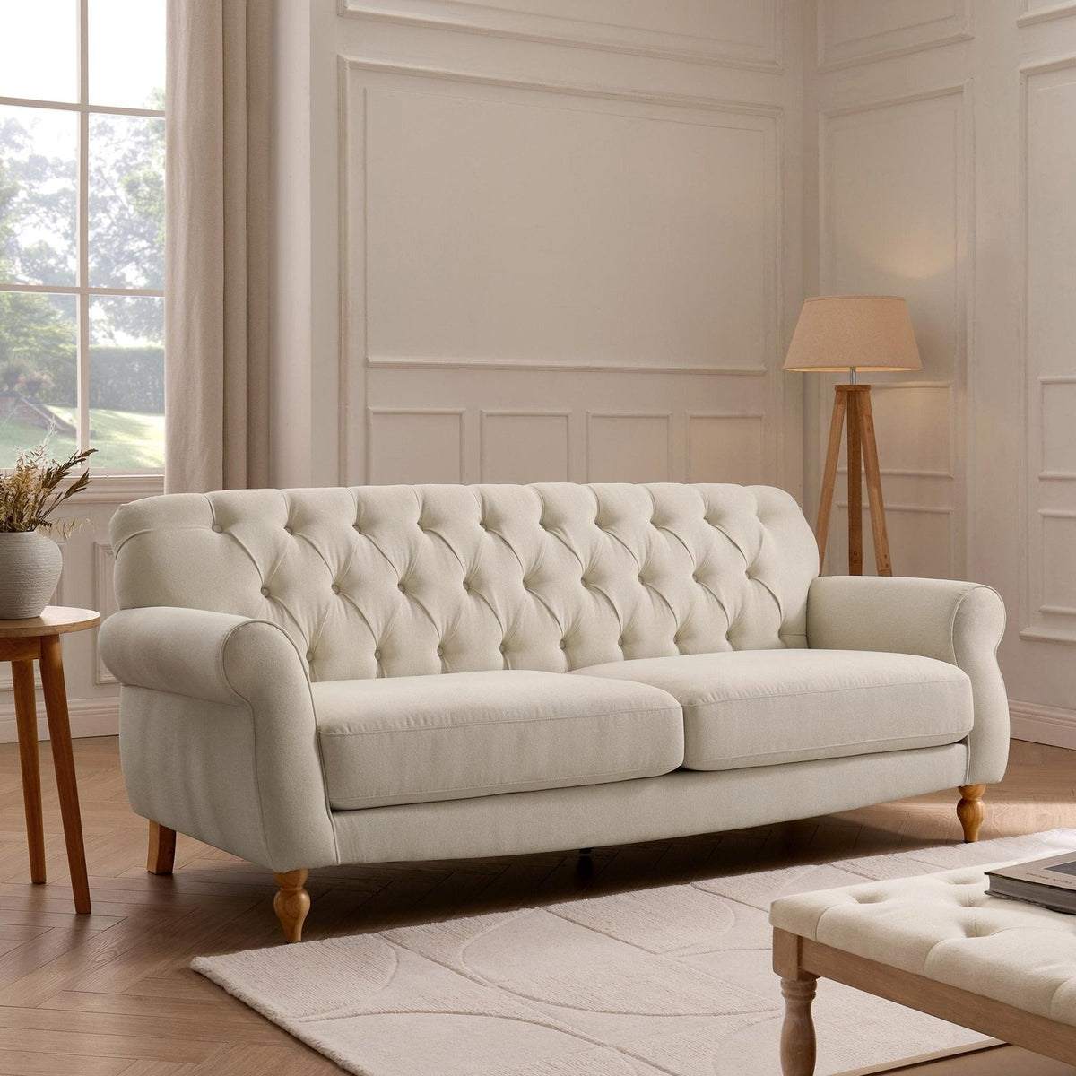 Hebden 3 Seater Black & Feather Sofa - Cream Linen