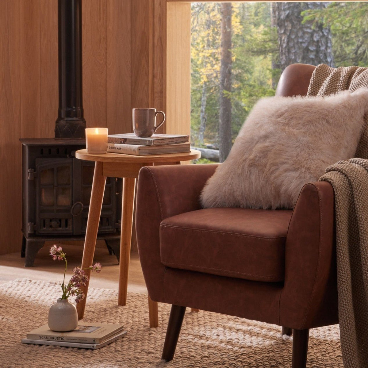 Heidi Solid Oak Round Black & Feather Side Table - Light Wood