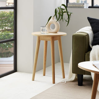 Heidi Solid Oak Round Black & Feather Side Table - Light Wood