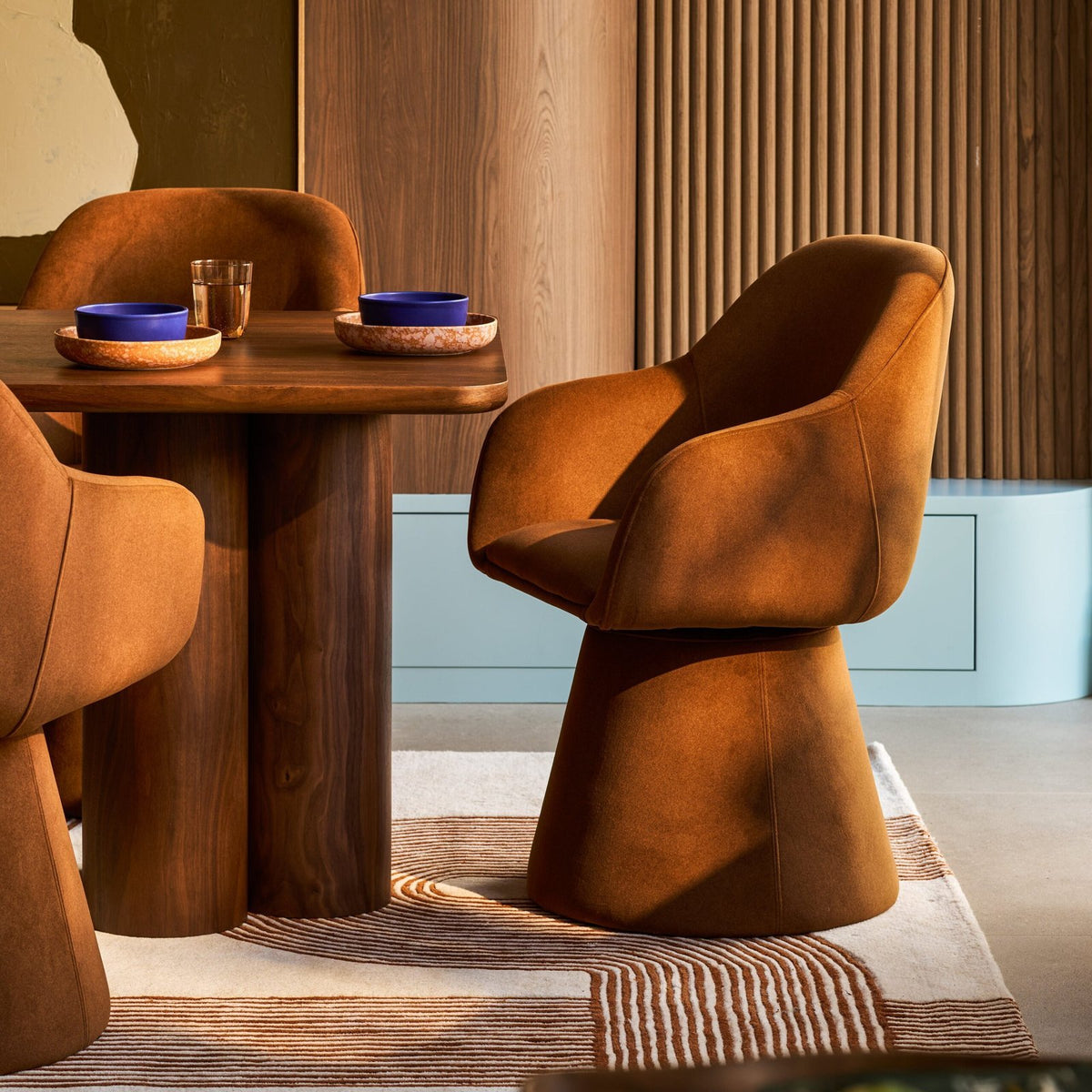 Herman Swivel Carver Dining Chair | Caramel Brown Sustainable Mohair Velvet – Laura Ashley UK