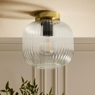 Jules Ribbed Glass Flush Ceiling Light - Clear/Gold – Feather & Black