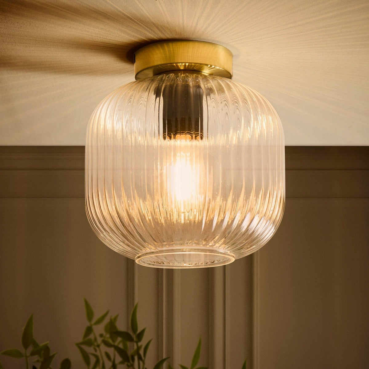 Jules Ribbed Glass Flush Ceiling Light - Clear/Gold – Feather & Black