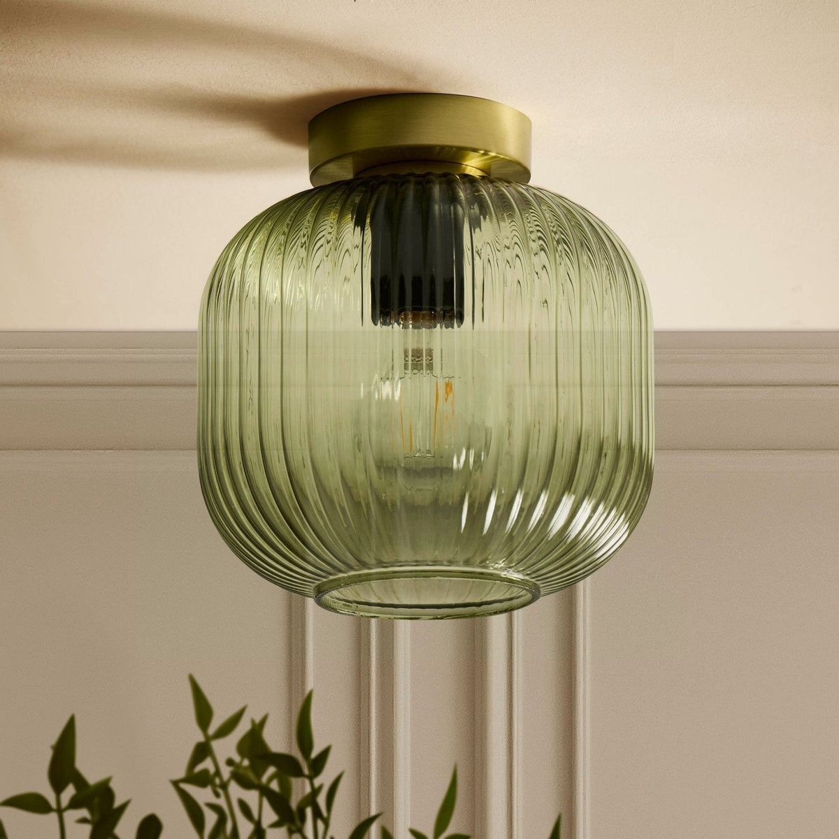 Jules Ribbed Glass Flush Feather & Black Ceiling Light - Green/Gold
